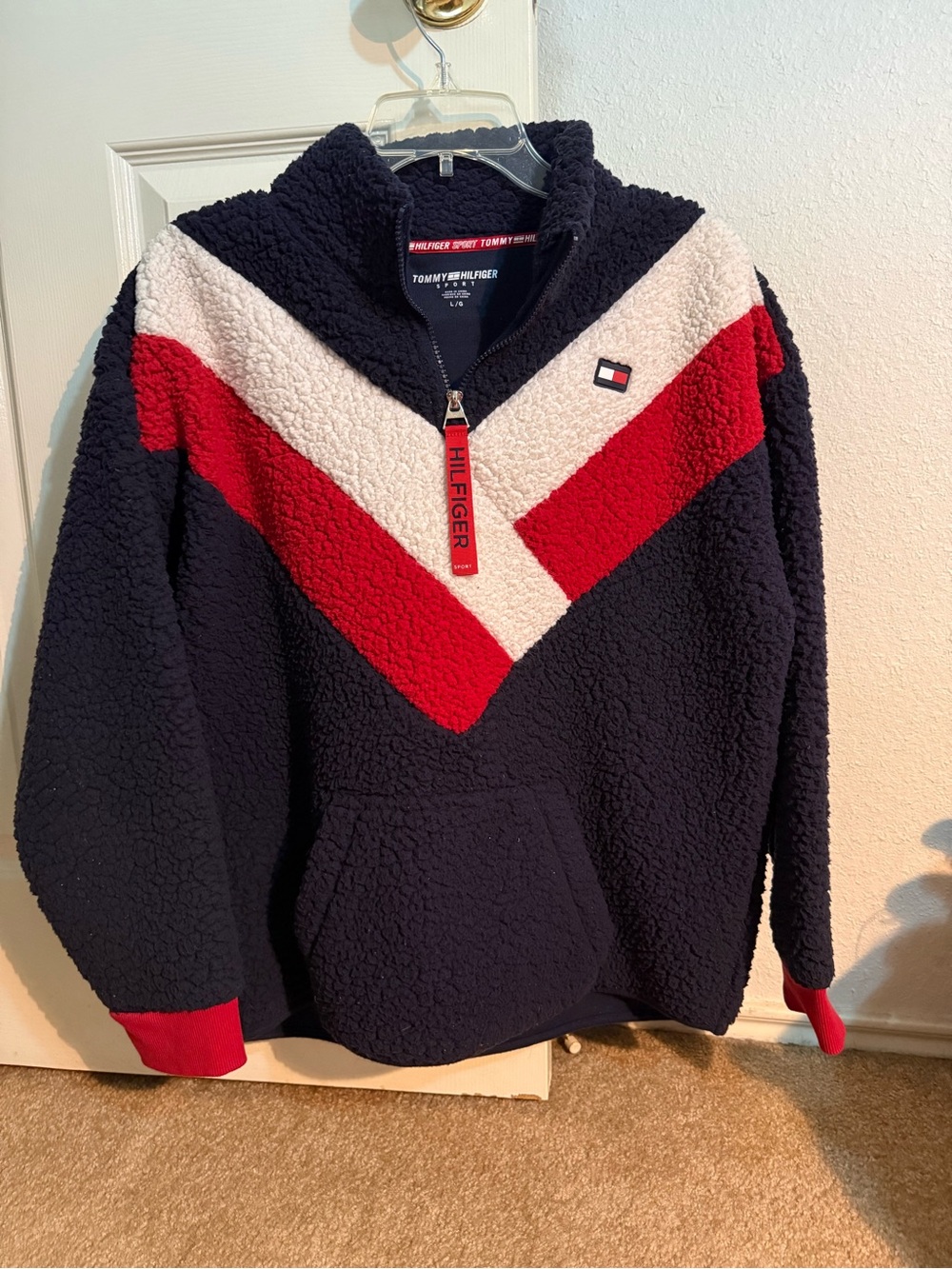 Tommy Hilfiger Navy Sherpa Pullover with Red & White Chevron